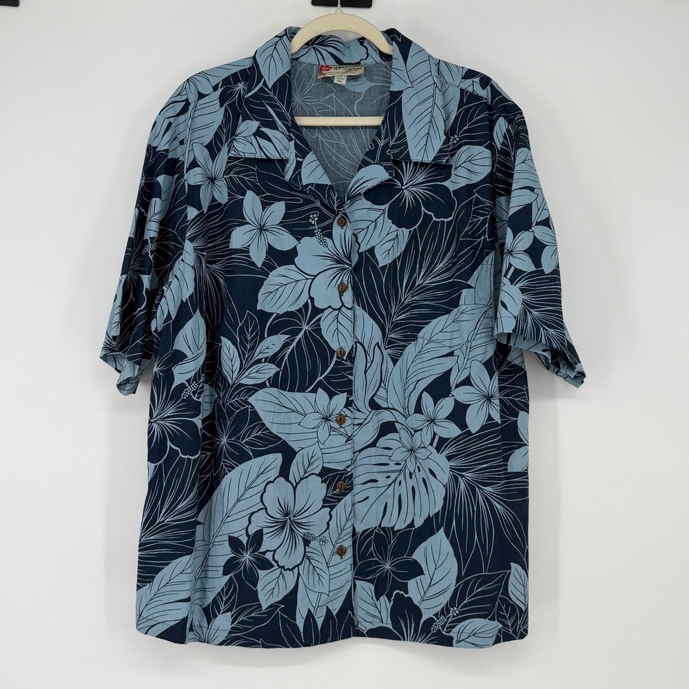 Hilo Hattie Mens 2XL Hawaiian Shirt Blue Floral Hibiscus Cotton Made in Hawaii